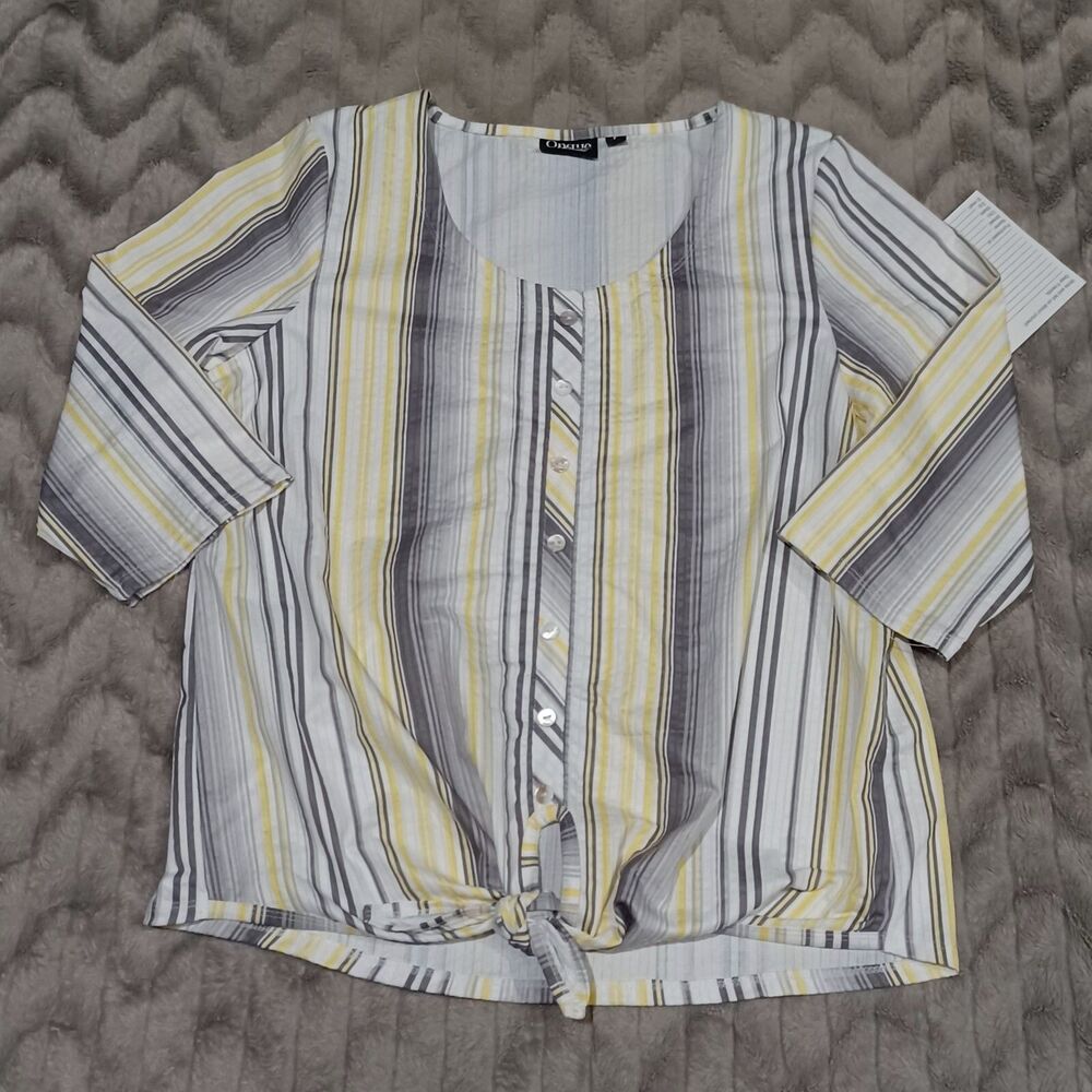 Onque Casuals Womens L Yellow Gray 3/4 Sleeve Button Front Tie Shirt Blouse NWT